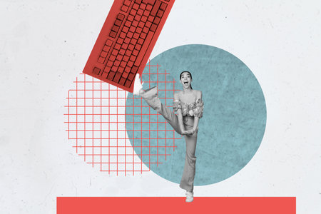 Exclusive sketch collage of happy girl dance wireless keypad buttons remote controller tool hacking deviceの写真素材