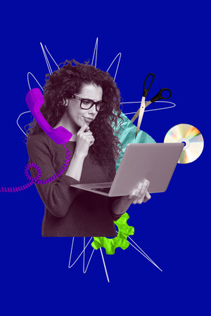 Poster image photo collage of minded businesswoman hold laptop think plan scissors supplies cd disk receiver call center helplineの写真素材