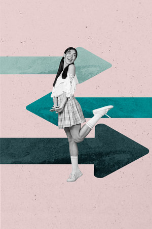 Art image vertical photo collage of happy businesswoman arrow development pointer statistics progress opportunity growthの写真素材