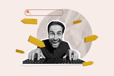 Composite art 3d creative image collage of happy hacker man type keypad wireless tool arrow progress pointer webpage searchの写真素材