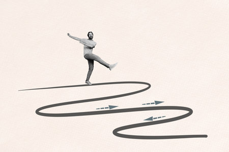 Composite 3D collage trend artwork template design of young man walk route smile goal success...