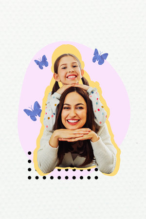 Vertical sketch 3d collage poster of two happy girls sit together sisters bonding butterfly fly spring holiday celebrationの写真素材