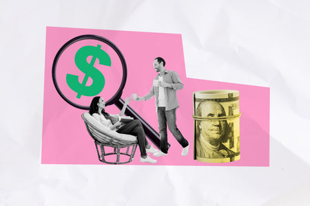 art banner collage of two happy business girl guy hold coffee cup sit armchair magnifier lens zoom banknote rollの写真素材