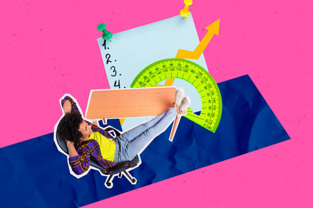 Composite art 3d creative image collage of happy man sit stool workplace desk paper sheet to-do task...