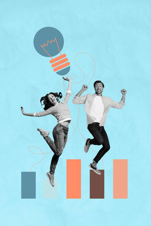Art image vertical photo collage of two happy business partners girl guy jump together statistics chart light bulb idea findingの写真素材