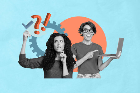 Exclusive art banner collage of two minded happy freelancer business girls hold laptop checkmark...