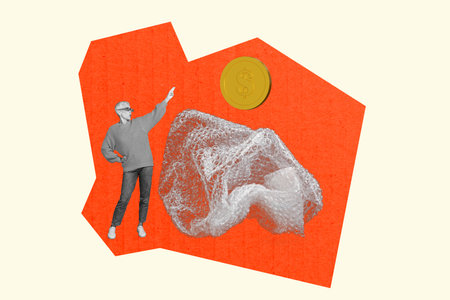 3d sketch poster trend collage of happy old businesswoman dance coin income dollar profit success earnings jackpot plastic bag litterの写真素材