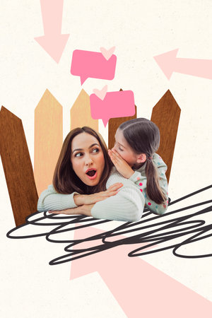 Creative artwork template sketch image collage of arrow way point showing young woman mommy amazed face school age girl tell storyの写真素材
