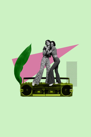 Exclusive image vertical photo collage of two happy girls dance together retro boombox player weekend club occasion chillの写真素材