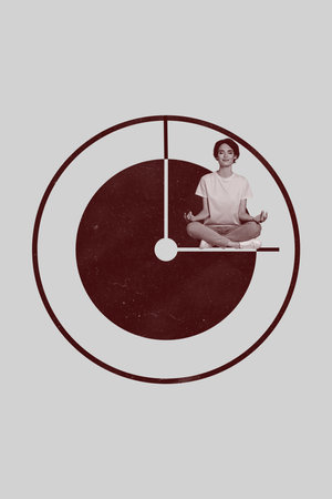 Vertical art trend vertical collage of happy girl sit dial arrow clock timepiece expire lotus pose...