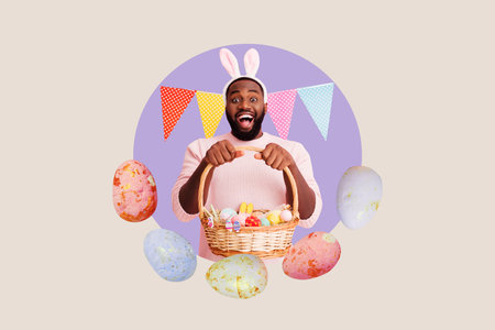 Creative collage picture happy amazed emotional man hold easter decorations basket holiday tradition drawing backgroundの写真素材