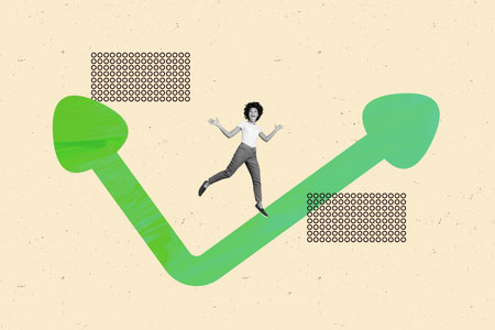 3D photo collage template trend artwork sketch of manager worker business human resources young lady stand graphics arrow show wayの写真素材