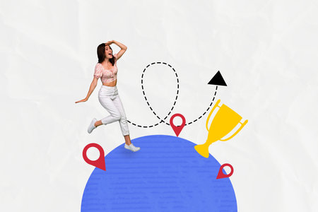 Composite artwork photo collage template sketch of young lady research way travel abroad weekend global destination arrow point gobletの写真素材