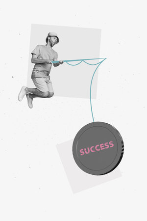 Trend artwork template design 3D collage sketch of young man summer look jump hold fishing rod catch...