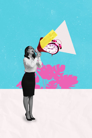 Trend artwork composite banner 3D photo collage of young lady stand proclaim megaphone keypad clock human resources manager recruitmentの写真素材