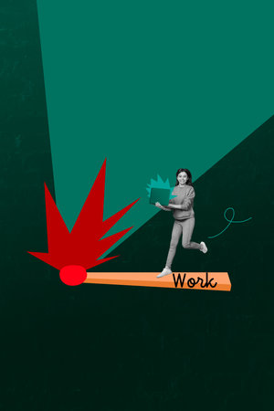 Trend image vertical photo collage of happy woman run time expire deadline workload alert hold...