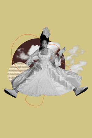 Art image vertical photo collage of shocked duchess girl jump renaissance concept wear dress sneakers feather hairdoの写真素材