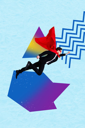 Vertical photo collage of serious businessman superhero flight wear mask cape career development colorful sketchの写真素材