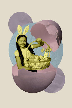 Sketch composite photo collage trend artwork of young age girl hand hold bag present eggs...