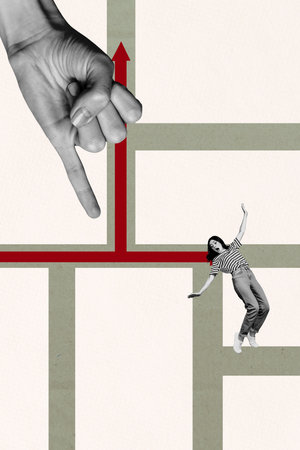 Composite artwork photo collage trend template of young lady keep balance pinky finger hand gesture sign arrow road showing point graphicsの写真素材