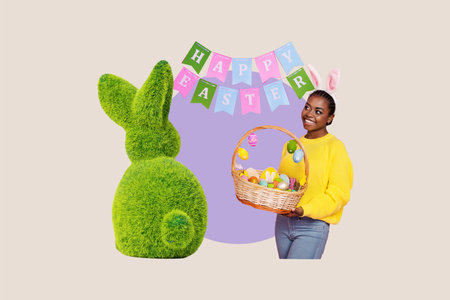 Creative collage photo young cheerful woman hold easter eggs basket green rabbit wild animal holiday...