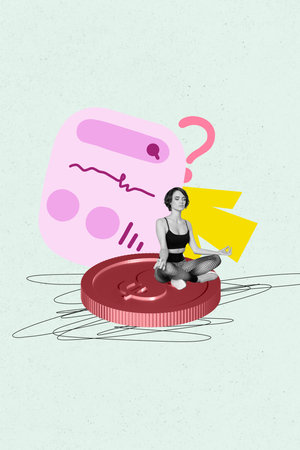 Composite sketch design artwork 3D photo collage of young lady sit coin meditate question think...