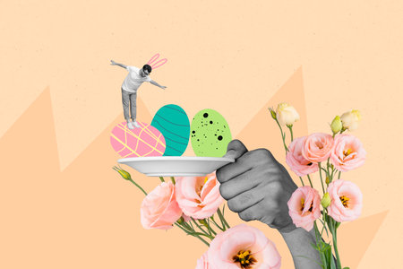 3D photo collage artwork composite of big hand hold plate eggs small size man stand balance april...