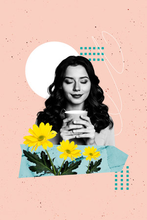 Art image vertical photo collage of happy dreamy girl hold coffee cup beverage spring holiday eventの写真素材