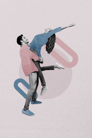 Vertical sketch 3d artwork collage poster of two happy girl guy dance together valentine holiday celebration disco occasionの写真素材