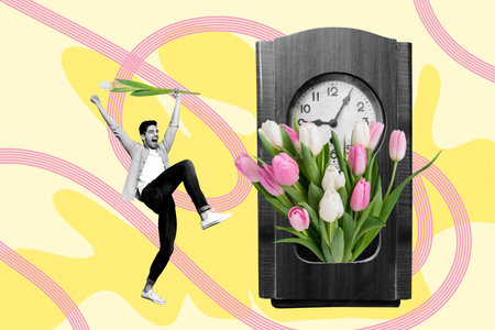 Trend artwork composite 3D photo collage of young man excited face stand hold tulip retro clock...
