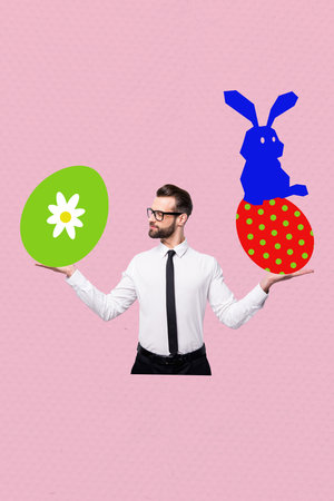 Creative 3D photo collage trend artwork template of young man hand hold eggs choose choice bunny...