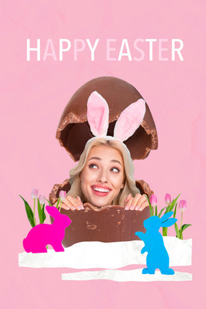 Creative collage poster young cheerful woman hide chocolate egg shell environment background flowers...