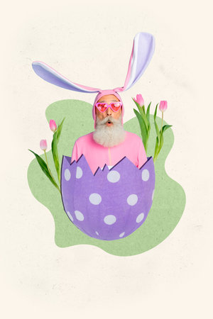 Vertical photo collage of excited grandfather wear costume bunny peek easter egg shell flowers tulip bloom isolated on painted backgroundの写真素材