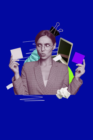 Vertical photo collage of puzzled businesswoman hols sticker note memo office supplies laptop freelance occupation crumpled paperの写真素材