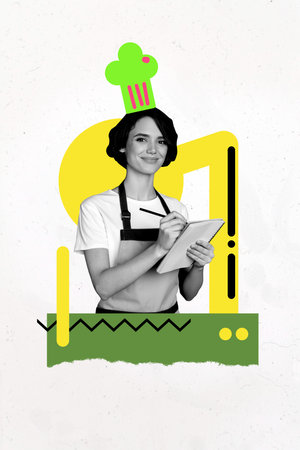Trend template sketch design 3D photo collage of hungry feeding restaurant cuisine chef hat young lady smile hand hold pen write orderの写真素材