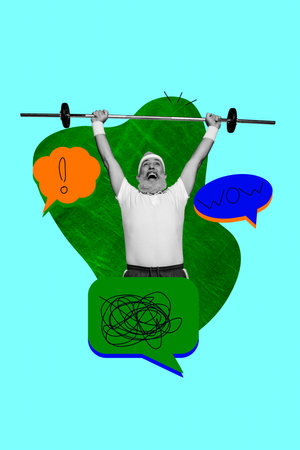 Art image vertical photo collage of old man push dumbbell textbox notification icon communication speech chat exclamationの写真素材