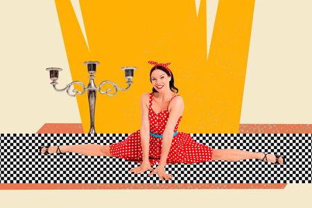Composite art 3d creative image collage of happy disco girl dance do twine skill wear dotted dress vintage candlestick holderの写真素材
