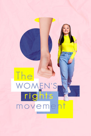 Exclusive image vertical photo collage of happy girl walk feminism demonstration activist hand show fist gesture power rightsの写真素材