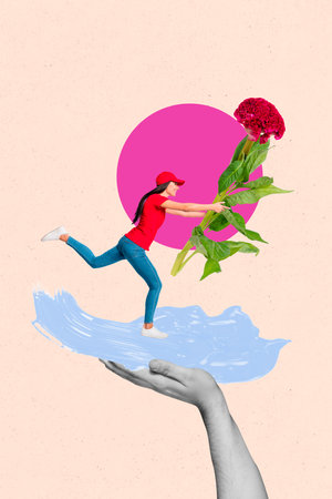 Art image vertical photo collage of happy courier girl delivery flower service international woman day celebration holiday importの写真素材