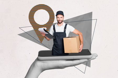 Art 3d sketch photo image collage of happy man hold box clipboard shipment service peek phone device...