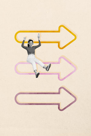 Trend image vertical photo collage of happy girl sit arrow pointer listen music headphones hold...