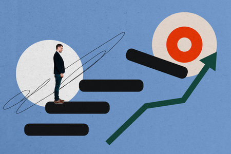 Exclusive art banner collage of serious businessman stand career ladder arrow statistics purpose...
