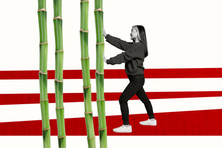 Composite artwork photo collage template sketch of asia culture oriental national chinese nature plant young lady go hand hold push bambooの写真素材