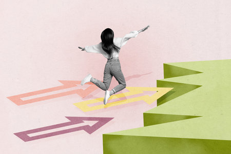 Template sketch image composite artwork collage of young lady jump move arrow edge cliff road point...