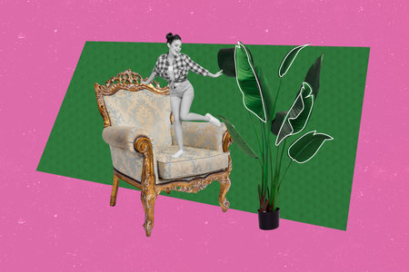 Composite artwork 3d image collage of happy girl real estate agent dance coach furniture flower pot...
