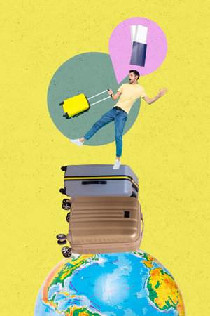 Creative artwork template sketch image collage of trip tourism agency global vacation abroad young man stand pile bag earth planet ticketsの写真素材