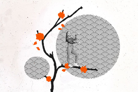 Sketch design trend artwork poster 3D collage of young lady stand sakura branch flower chinese culture national ornament pattern orientalの写真素材