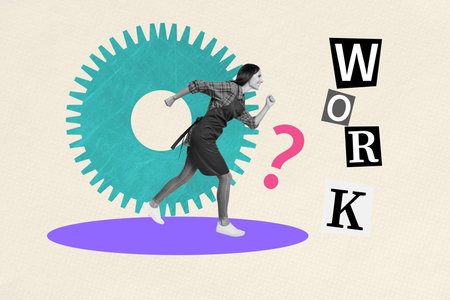 Creative 3D photo collage trend artwork template of human resources hiring manager workspace young woman research work walk wear uniformの写真素材