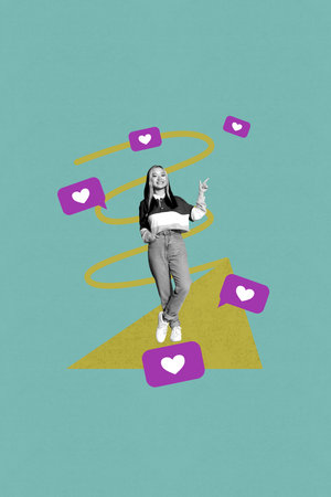 Vertical zine image artwork collage of happy girl stand heart icon social media blogging reaction...