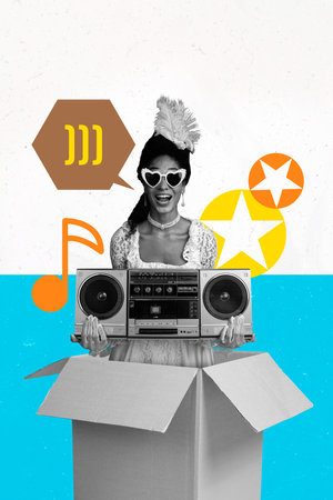 Exclusive art banner collage of happy duchess girl wear sunglass party chill dance boombox recorder...